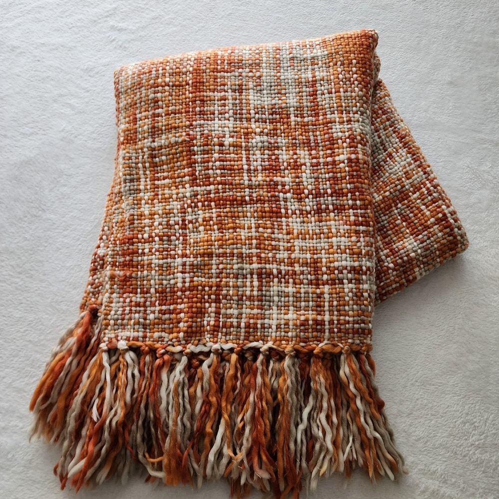 Woven Fringe Throw Blanket Orange White Wool Blend Boho Fall Photoshoot Blanket